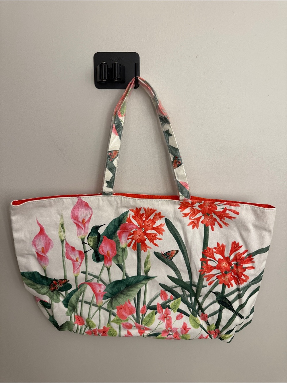 Floral Canvas Tote Bag in White and Coral